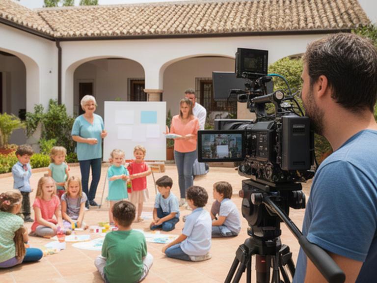 Equipo audiovisual grabando una actividad educativa municipal en un patio luminoso de Andalucía