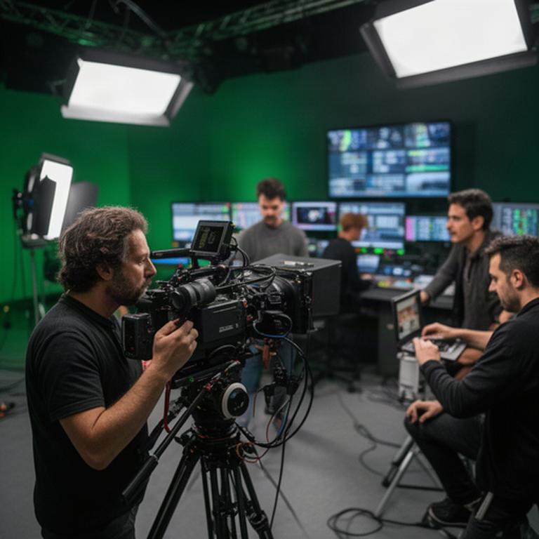 Equipo de producción televisiva trabajando en un plató andaluz junto a una cámara y una sala de control